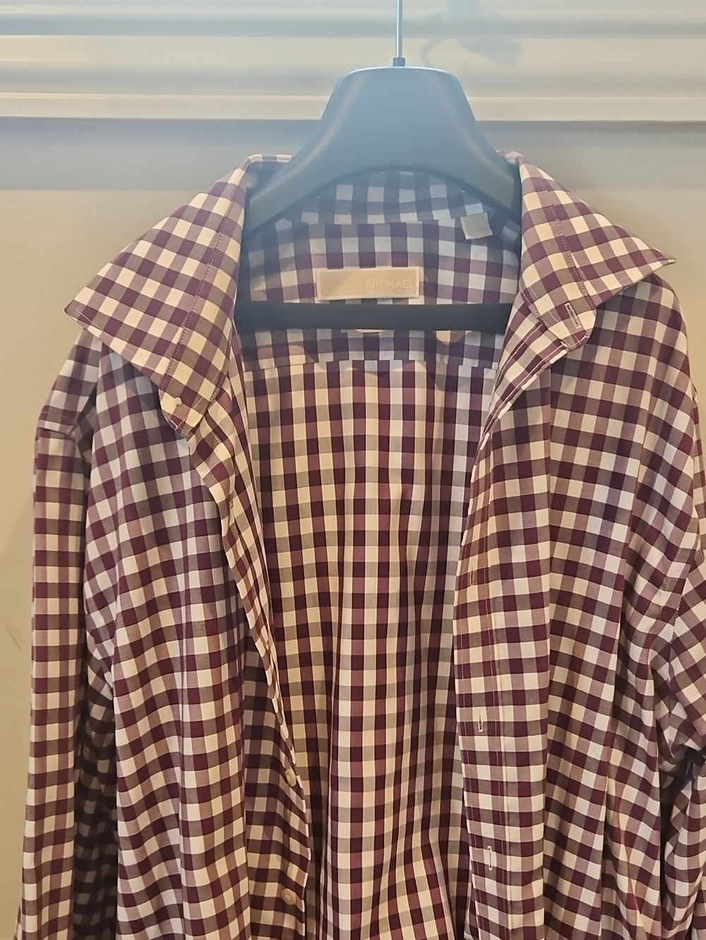 Michael Kors Men's Maroon and White Gingham Button-Down Shirt